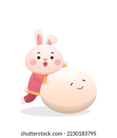 Cute rabbit character or mascot with glutinous rice balls, Lantern Festival or Winter Solstice, delicious glutinous rice sweet food in Asia, playful and cute cartoon style