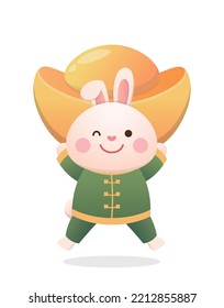 Cute rabbit character or mascot with gold ingot, Chinese lunar new year element, year of the rabbit, vector cartoon style