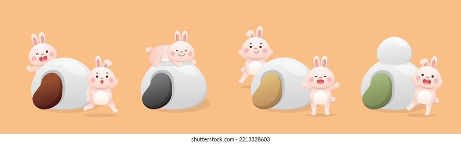 Cute rabbit character or mascot, lantern festival or winter solstice with glutinous rice balls, asian glutinous rice sweets, flavors and fillings, vector cartoon style