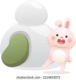 Cute rabbit character or mascot, lantern festival or winter solstice with glutinous rice balls, asian glutinous rice sweets, flavors and fillings, vector cartoon style