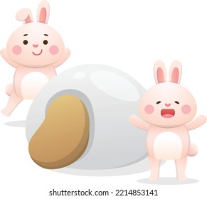 Cute rabbit character or mascot, lantern festival or winter solstice with glutinous rice balls, asian glutinous rice sweets, flavors and fillings, vector cartoon style