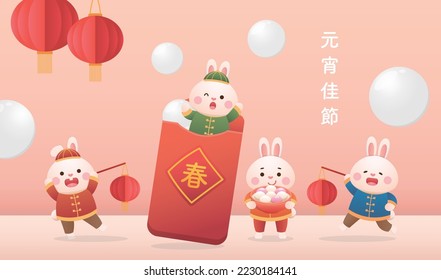 Cute Rabbit character or mascot, Lantern Festival or Winter Solstice with Tangyuan, Asian glutinous rice sweets and lanterns, Chinese translation: Lantern Festival