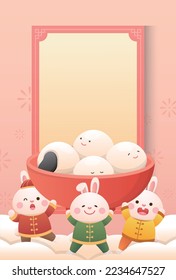 Cute rabbit character or mascot, Lantern Festival or Winter Solstice with glutinous rice balls, glutinous rice sweet food in Asia, poster design with border