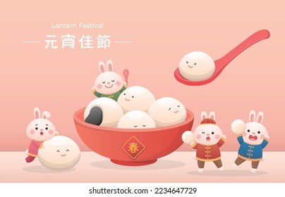 Cute Kaninchen-Charakter oder Maskottchen, Lantern Festival oder Winter Solstice mit Glutiner Reisbälle, Glutiner Reis Süßspeisen in Asien, chinesische Übersetzung: Lantern Festival