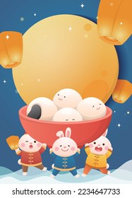 Cute rabbit character or mascot, Lantern Festival or Winter Solstice with glutinous rice balls, glutinous rice sweet food in Asia, sky lantern and moon, poster in vertical style