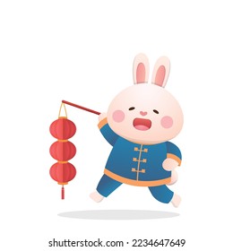 Cute rabbit character or mascot with red lantern, Chinese New Year or Lantern Festival or Winter Solstice, traditional festival and culture in Asia