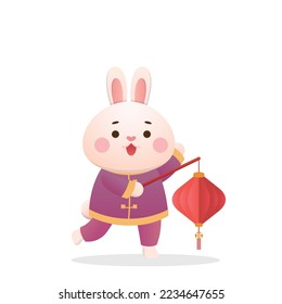 Cute rabbit character or mascot with red lantern, Chinese New Year or Lantern Festival or Winter Solstice, traditional festival and culture in Asia