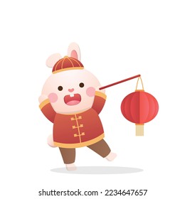 Cute rabbit character or mascot with red lantern, Chinese New Year or Lantern Festival or Winter Solstice, traditional festival and culture in Asia