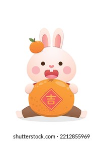 Cute rabbit character or mascot with tangerine, Chinese lunar new year elements, year of the rabbit, vector cartoon style, Chinese translation: auspicious
