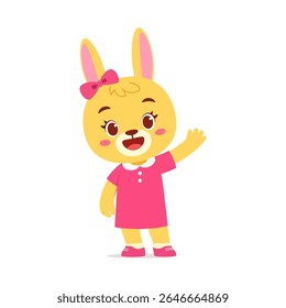 Cute Rabbit Character in Pink Dress Waving Hand with Happy Expression Illustration Art