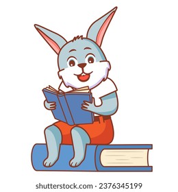 Cute rabbit character reads books.Cartoon hare is sitting on a book.Reading books.Cute bunny animal student reading while sitting on big books library.Line art vector.Isolated on white background.