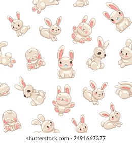 Cute rabbit character. Seamless pattern. Kawaii cartoon hare. Vector drawing. Design ornaments.