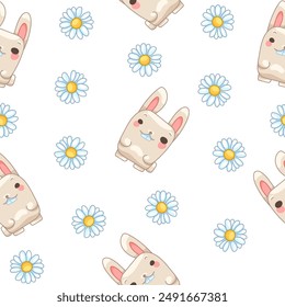 Cute rabbit character. Seamless pattern. Kawaii cartoon hare. Vector drawing. Design ornaments.