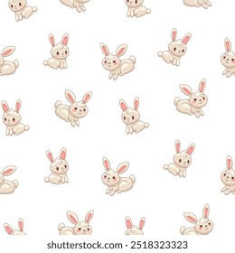 Cute rabbit character. Seamless pattern. Kawaii cartoon hare. Vector drawing. Design ornaments.