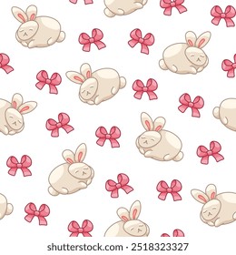 Cute rabbit character. Seamless pattern. Kawaii cartoon hare. Vector drawing. Design ornaments.