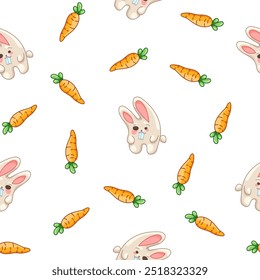 Cute rabbit character. Seamless pattern. Kawaii cartoon hare. Vector drawing. Design ornaments.