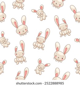 Cute rabbit character. Seamless pattern. Kawaii cartoon hare. Vector drawing. Design ornaments.