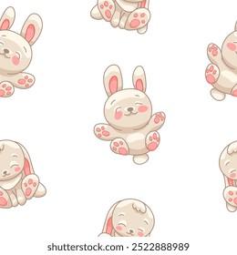 Cute rabbit character. Seamless pattern. Kawaii cartoon hare. Vector drawing. Design ornaments.