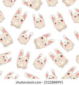 Cute rabbit character. Seamless pattern. Kawaii cartoon hare. Vector drawing. Design ornaments.
