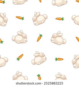 Cute rabbit character. Seamless pattern. Kawaii cartoon hare. Vector drawing. Design ornaments.