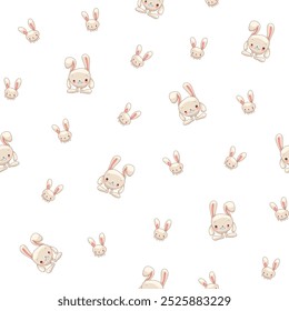 Cute rabbit character. Seamless pattern. Kawaii cartoon hare. Vector drawing. Design ornaments.