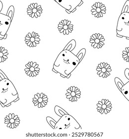 Lindo personaje de conejo. Patrón sin fisuras. Página para colorear. Liebre de dibujos animados kawaii. Dibujo de Vector. Diseña adornos.