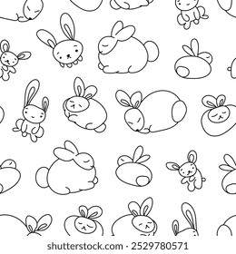 Cute rabbit character. Seamless pattern. Coloring Page. Kawaii cartoon hare. Vector drawing. Design ornaments.