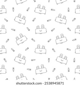 Cute rabbit character. Seamless pattern. Coloring Page. Kawaii cartoon hare. Vector drawing. Collection of design ornaments.