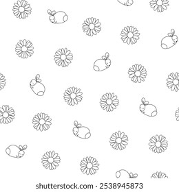 Cute rabbit character. Seamless pattern. Coloring Page. Kawaii cartoon hare. Vector drawing. Collection of design ornaments.