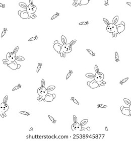 Cute rabbit character. Seamless pattern. Coloring Page. Kawaii cartoon hare. Vector drawing. Collection of design ornaments.