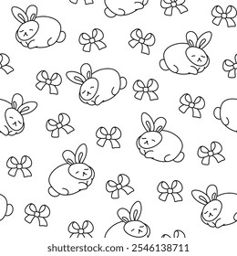 Cute rabbit character. Seamless pattern. Coloring Page. Kawaii cartoon hare. Vector drawing. Design ornaments.