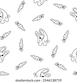 Cute rabbit character. Seamless pattern. Coloring Page. Kawaii cartoon hare. Vector drawing. Design ornaments.