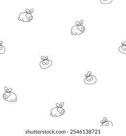 Cute rabbit character. Seamless pattern. Coloring Page. Kawaii cartoon hare. Vector drawing. Design ornaments.