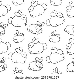 Cute rabbit character. Seamless pattern. Coloring Page. Kawaii cartoon hare. Vector drawing. Design ornaments.