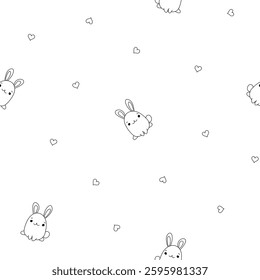 Cute rabbit character. Seamless pattern. Coloring Page. Kawaii cartoon hare. Vector drawing. Design ornaments.