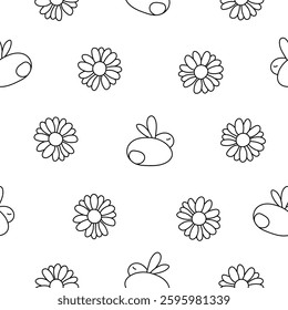 Cute rabbit character. Seamless pattern. Coloring Page. Kawaii cartoon hare. Vector drawing. Design ornaments.