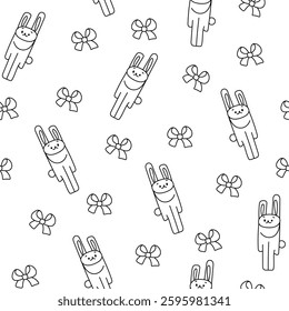 Cute rabbit character. Seamless pattern. Coloring Page. Kawaii cartoon hare. Vector drawing. Design ornaments.