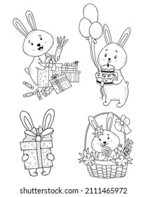 cute rabbit character set. Easter bunny to basket of flowers, rabbit with gifts and carrots, with cake and balloons. Vector illustration. Isolated outline elements in style of hand drawn linear doodle