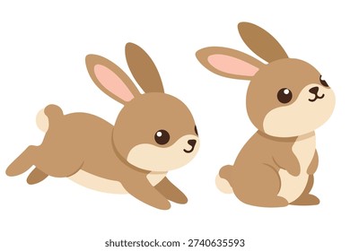 Cute rabbit character set running and standing pose for kids education and animal clipart