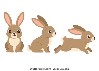 Cute Rabbit Character Set in Various Poses, Kawaii Bunny Mascot Collection, Adorable Hare Forest Animal Vector Illustration for Kids Nursery