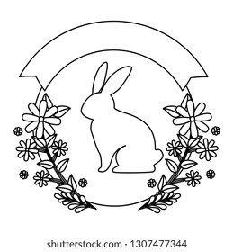 cute rabbit character silhouette with wreath flowers