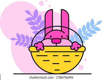 Carro de asiento de personaje de conejo, cesta de mimbre de reposo de pascua, peinado curioso de gatazos rosados aislado en ilustración vectorial plana y blanca. Fiesta de concepto religioso, antecedentes de hoja.