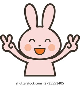 Cute rabbit character upper body illustration showing delight with double peace sign