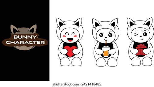 Cute rabbit character with various expressions. Cute rabbit character holding gift, love icon, drink. Editable character color 