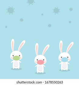 Cute Rabbit character wearing medical mask on sky blue background. Coronavirus (COVID-19) Vector Illustration.