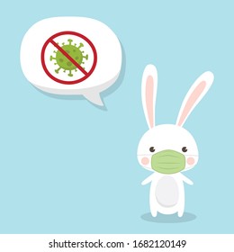 Cute Rabbit character wearing medical mask on sky blue background. Stop Coronavirus (COVID-19) Vector Illustration.