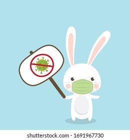 Cute Rabbit character wearing medical mask on sky blue background. Coronavirus (COVID-19) Vector Illustration.