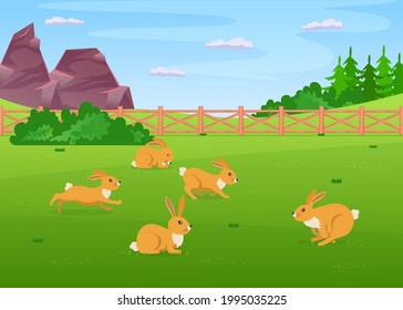 Cute rabbit characters running across field on farm. Small animals with long ears jumping around and sitting on green grass outside cartoon vector illustration. Easter, farming, wildlife concept