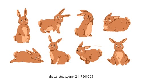 Cute rabbit characters running, jumping, standing, sleeping and lying. Happy bunnies, funny smiling sweet hare animals in action, poses. Kids flat vector illustration isolated on white background