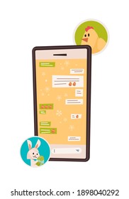 lindo conejo charlando con polluelo en aplicación móvil feliz primavera navideña feliz celebración de la tarjeta de saludo cartel ilustración vectorial vertical